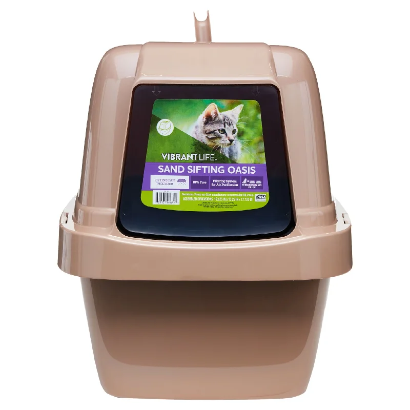 with the functions of decontamination, deodorization, and nourishment.Vibrant Life Sand Sifting Oasis Cat Litter Box, Beige