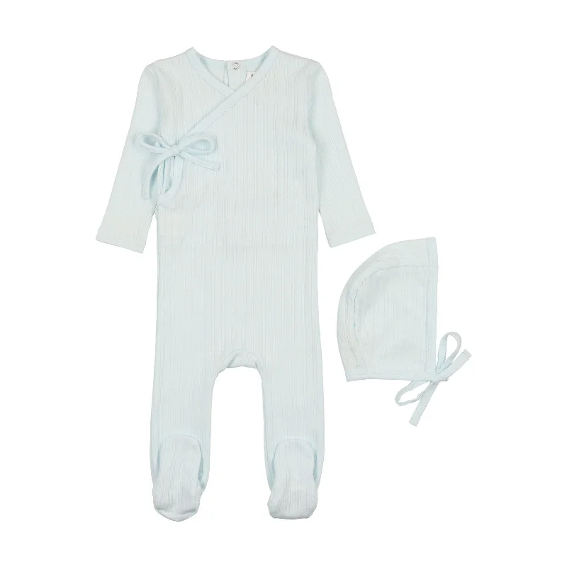 ---Coco Blanc Pale Blue Side Tie Pointelle Footie + Bonnet